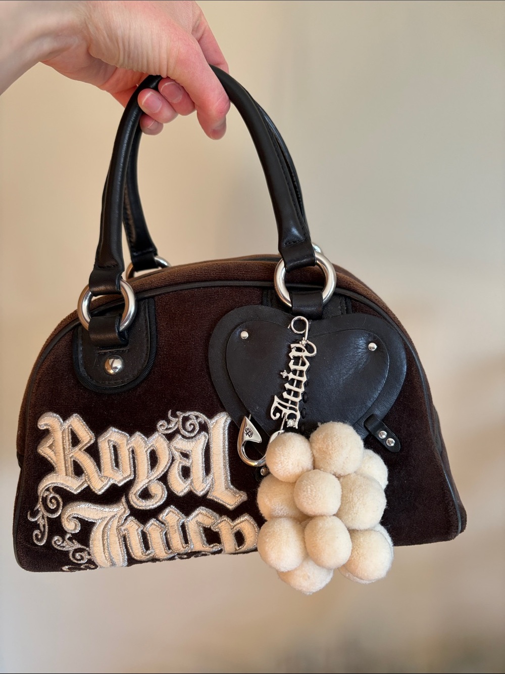 Vintage Juicy Couture Brown & Black Velvet Bowler Bag with Cream Pom Charm